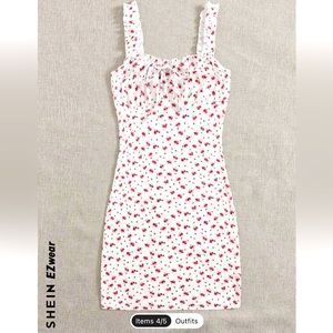 Shein Cottage Core Ditsy Floral Print Tie Front Rushed Bust Dress